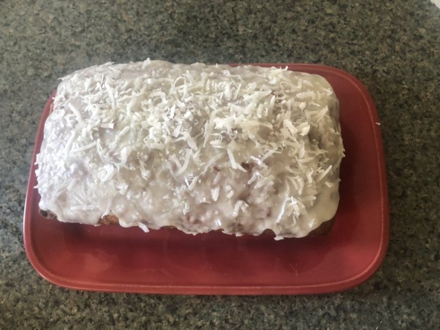Coconut Pumpkin Bread topped with White Chocolate Ganache
