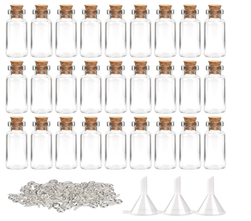 Mini Glass Bottles 2ML / Spell Jars with Corks / Small Vial for Essential Oils / Herbs / Rice Necklace Jars comes with funnel and extra eye screws