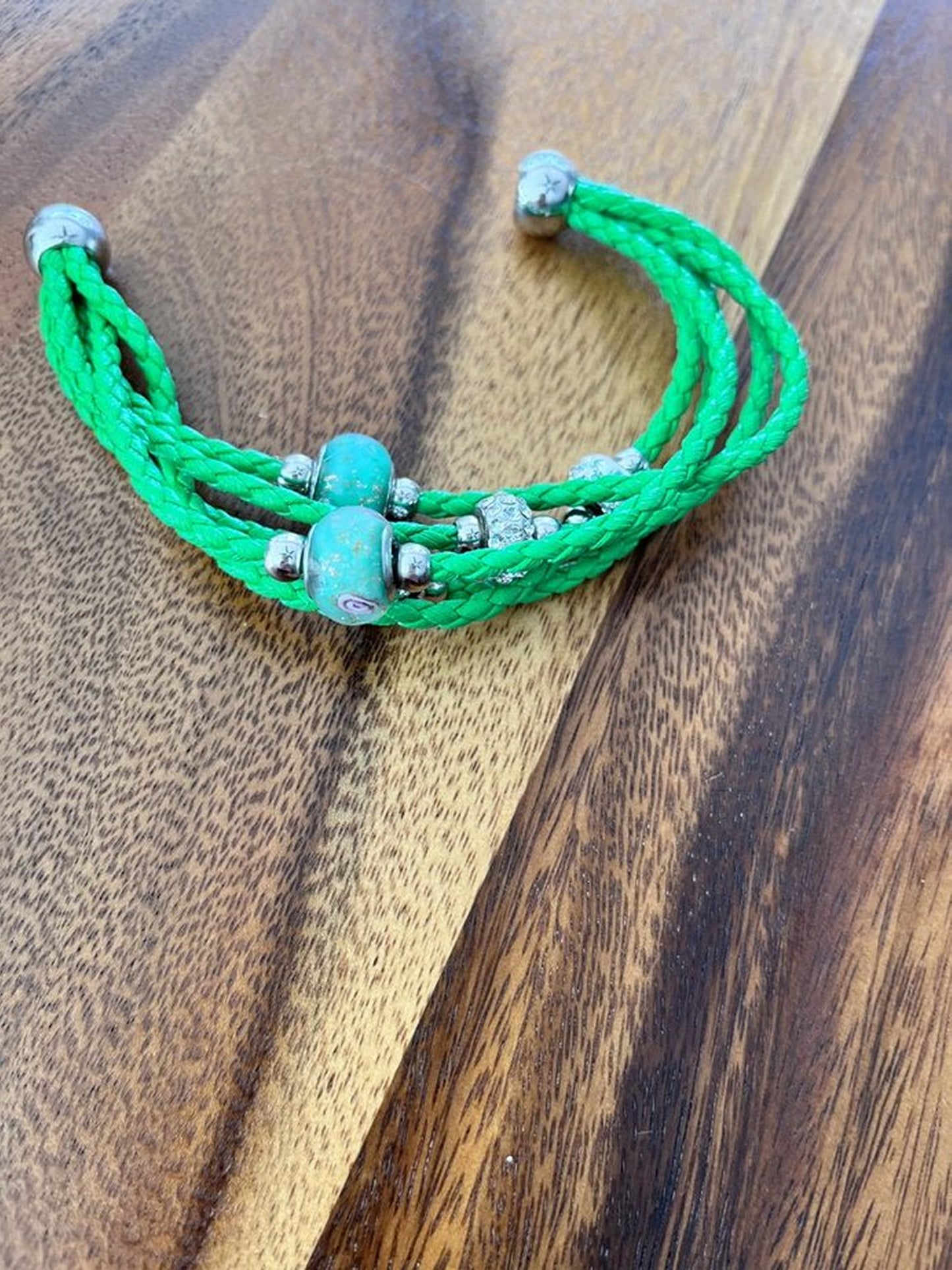 Green Rope Bracelet * 5 strand Rope Bracelet with Murano Glass Beads & Crystal