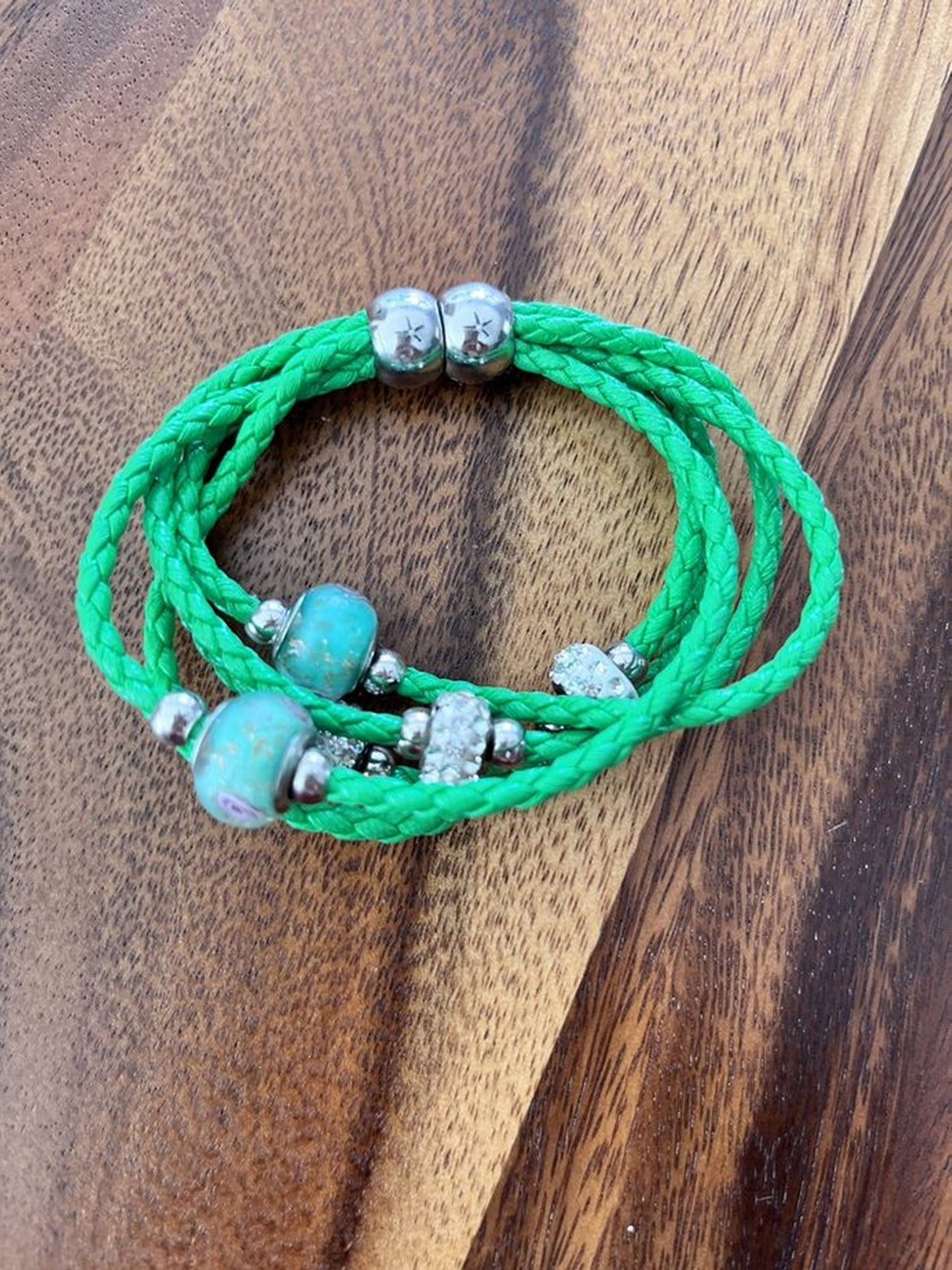 Green Rope Bracelet * 5 strand Rope Bracelet with Murano Glass Beads & Crystal