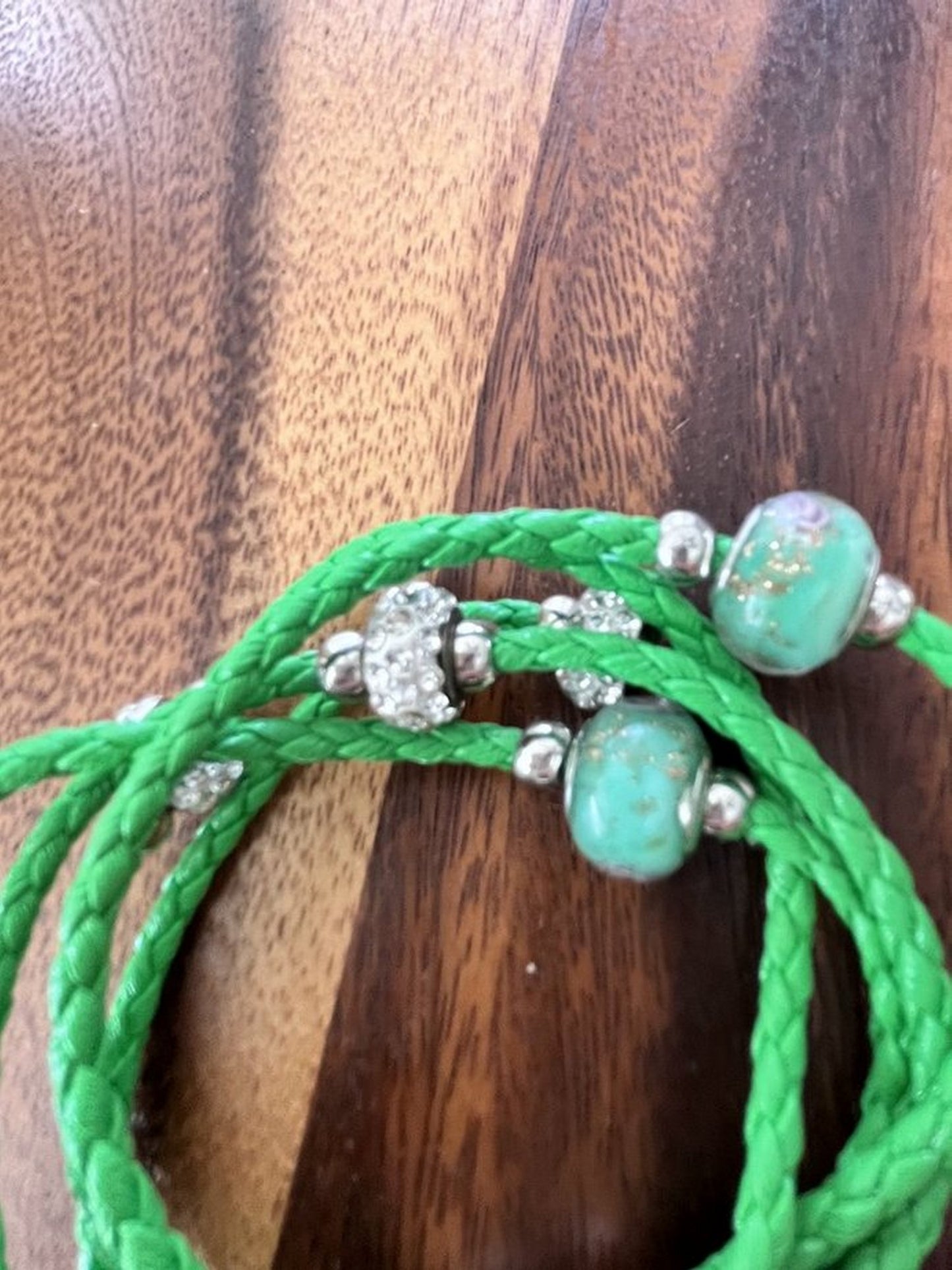 Green Rope Bracelet * 5 strand Rope Bracelet with Murano Glass Beads & Crystal