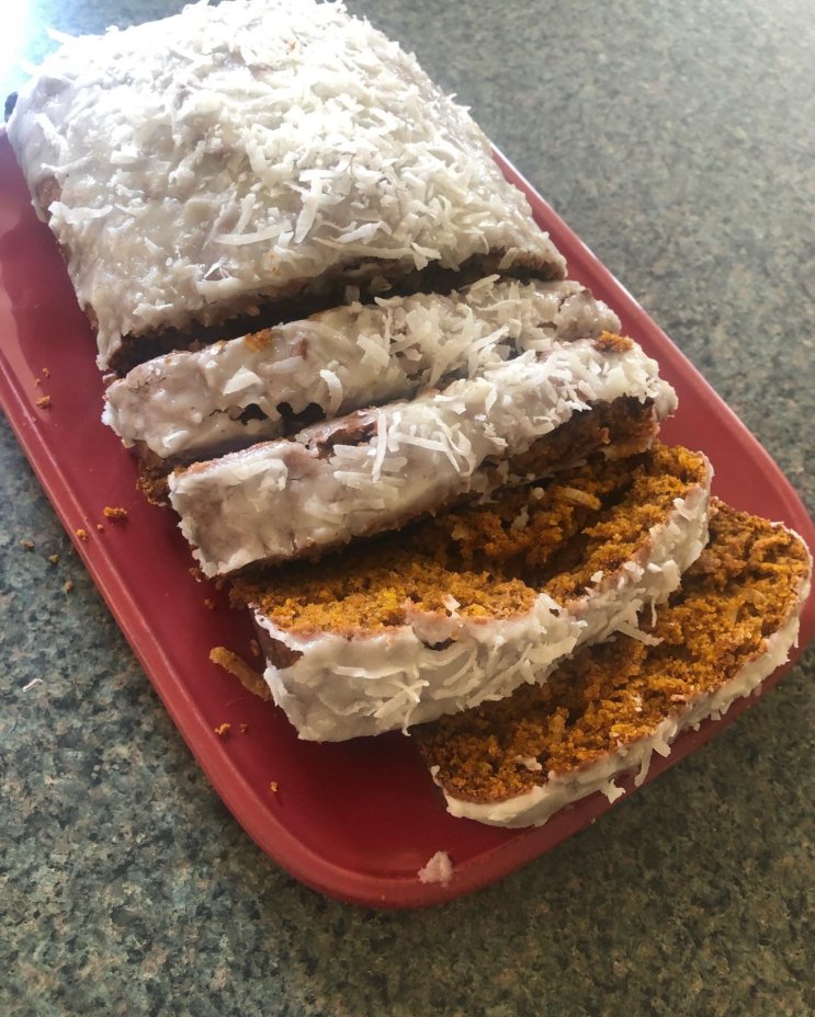Coconut Pumpkin Bread topped with White Chocolate Ganache