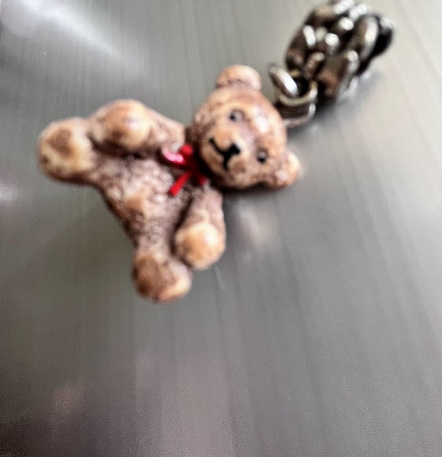 Hand Painted 3-D Cute Teddy Bear with Red Ribbon Charm 24mm Lightweight