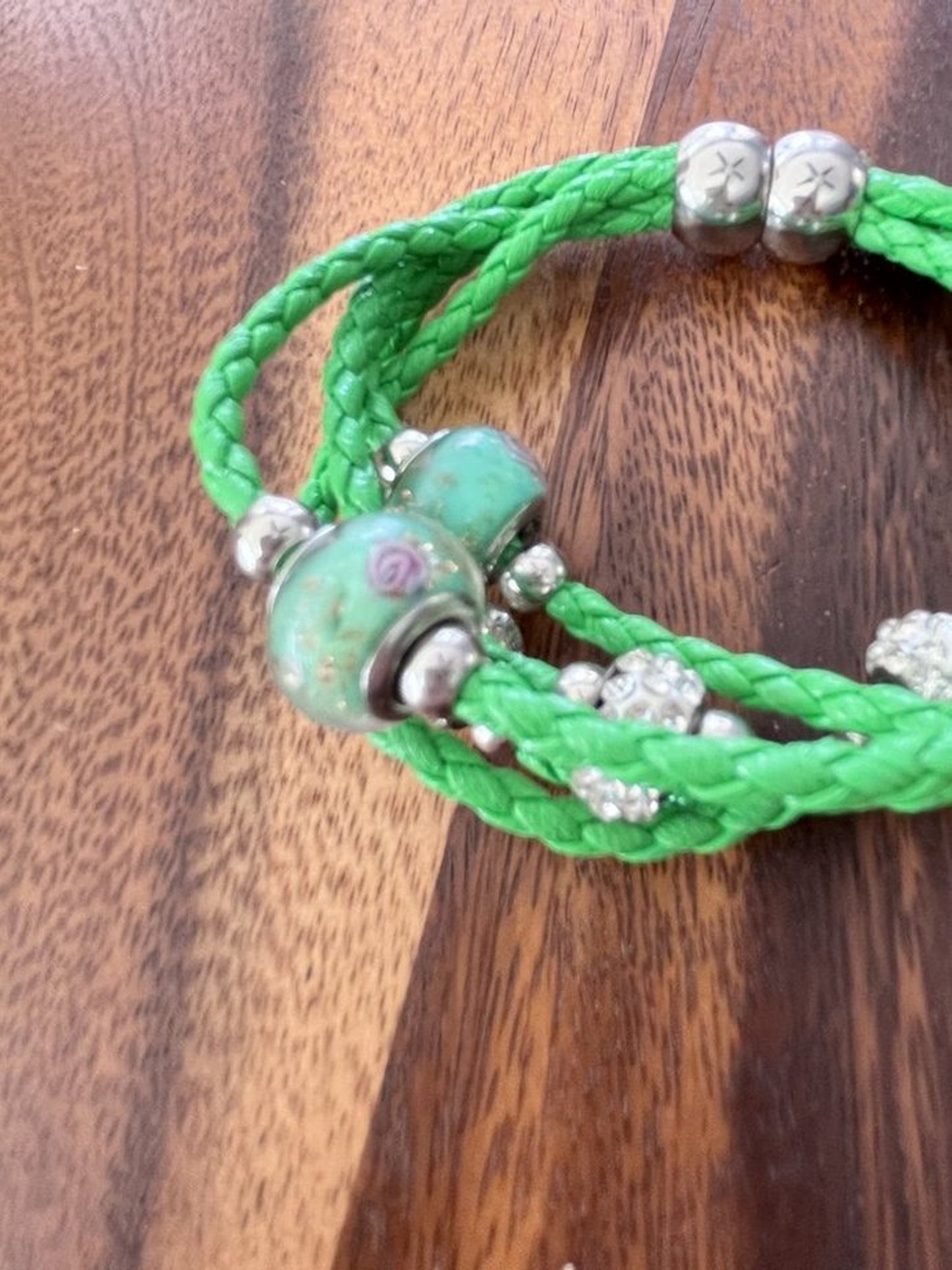 Green Rope Bracelet * 5 strand Rope Bracelet with Murano Glass Beads & Crystal