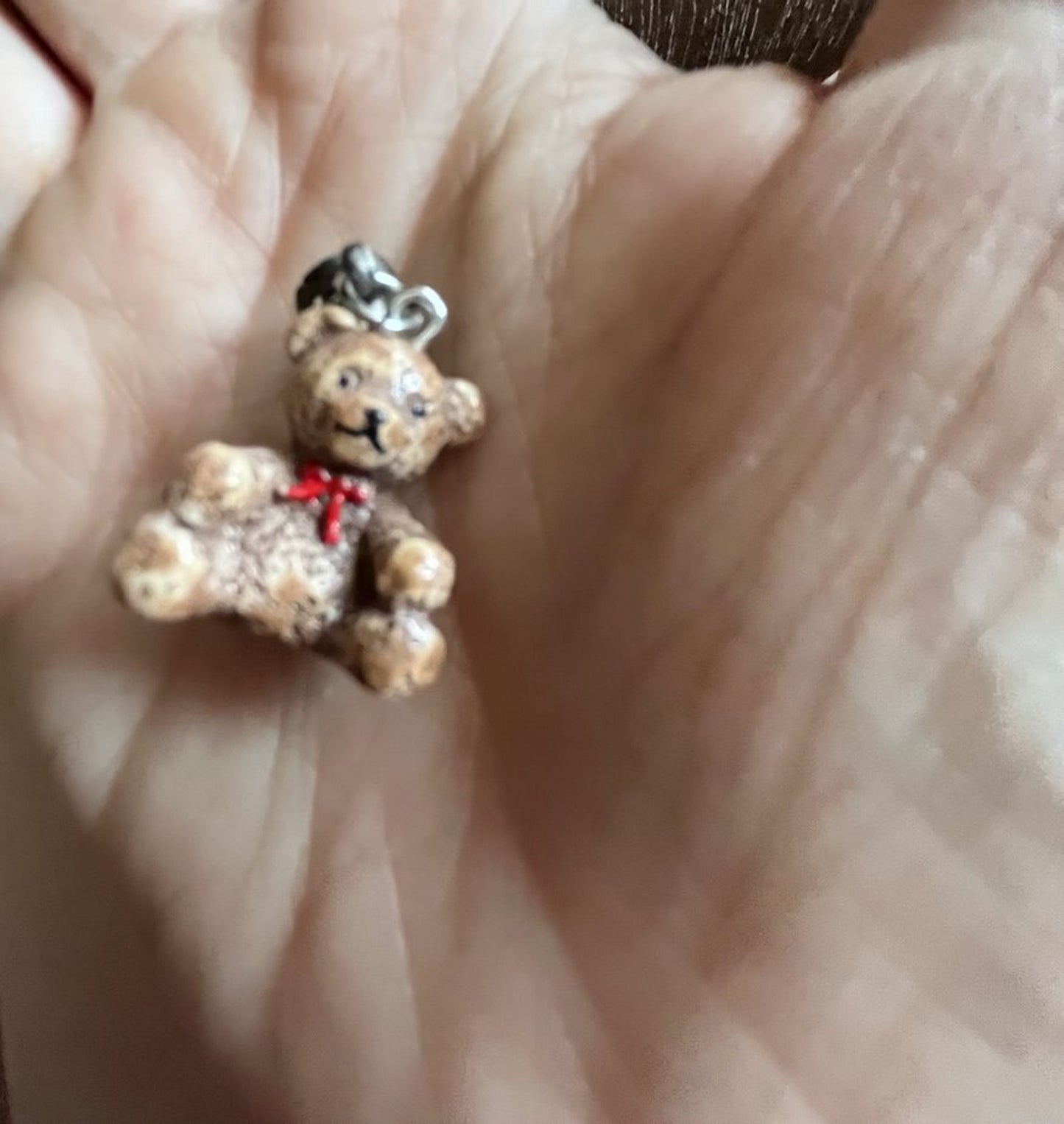 Hand Painted 3-D Cute Teddy Bear with Red Ribbon Charm 24mm Lightweight