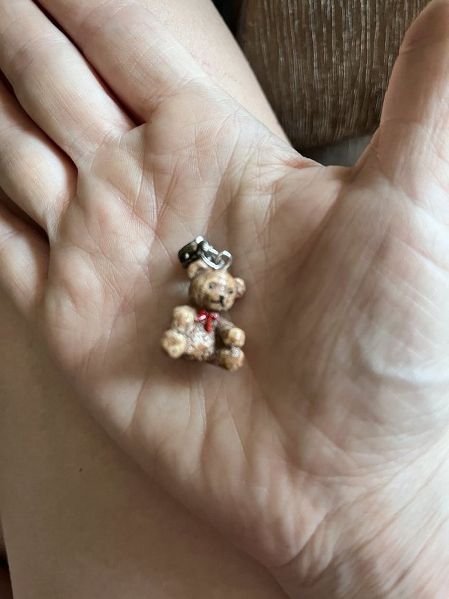 Hand Painted 3-D Cute Teddy Bear with Red Ribbon Charm 24mm Lightweight