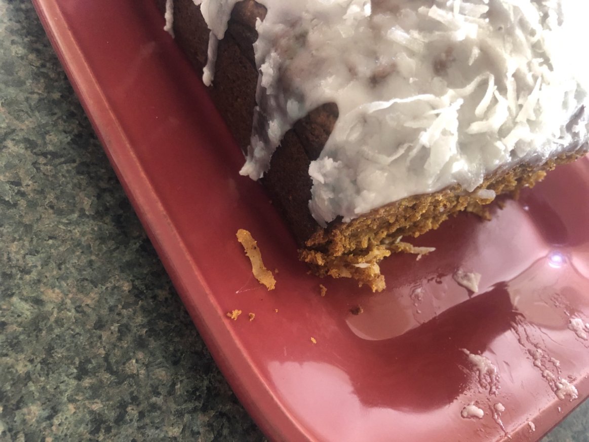 Coconut Pumpkin Bread topped with White Chocolate Ganache
