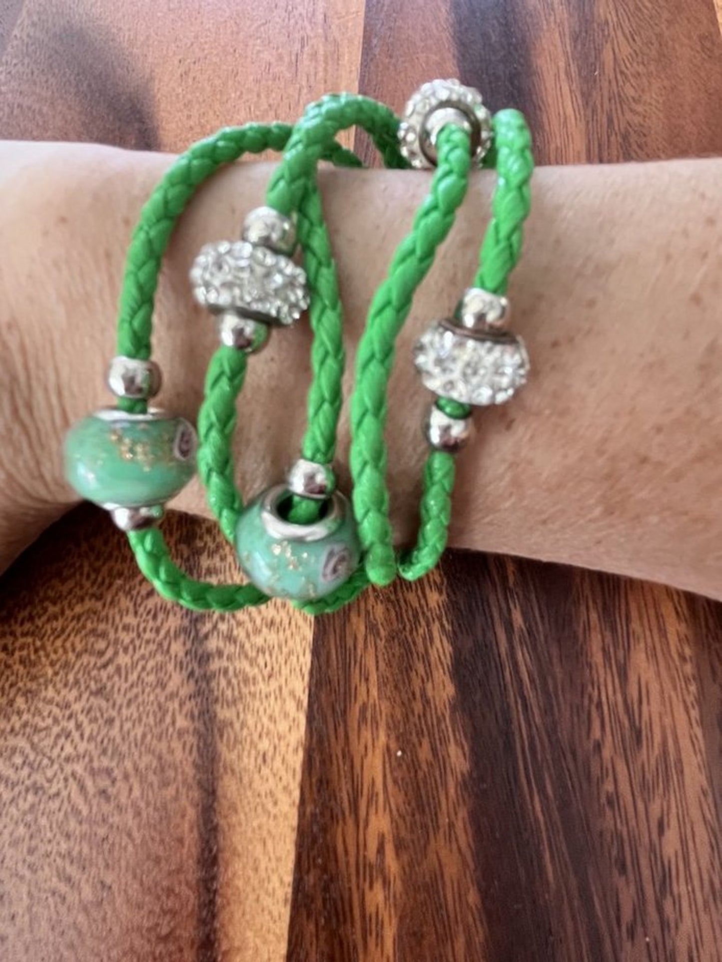Green Rope Bracelet * 5 strand Rope Bracelet with Murano Glass Beads & Crystal