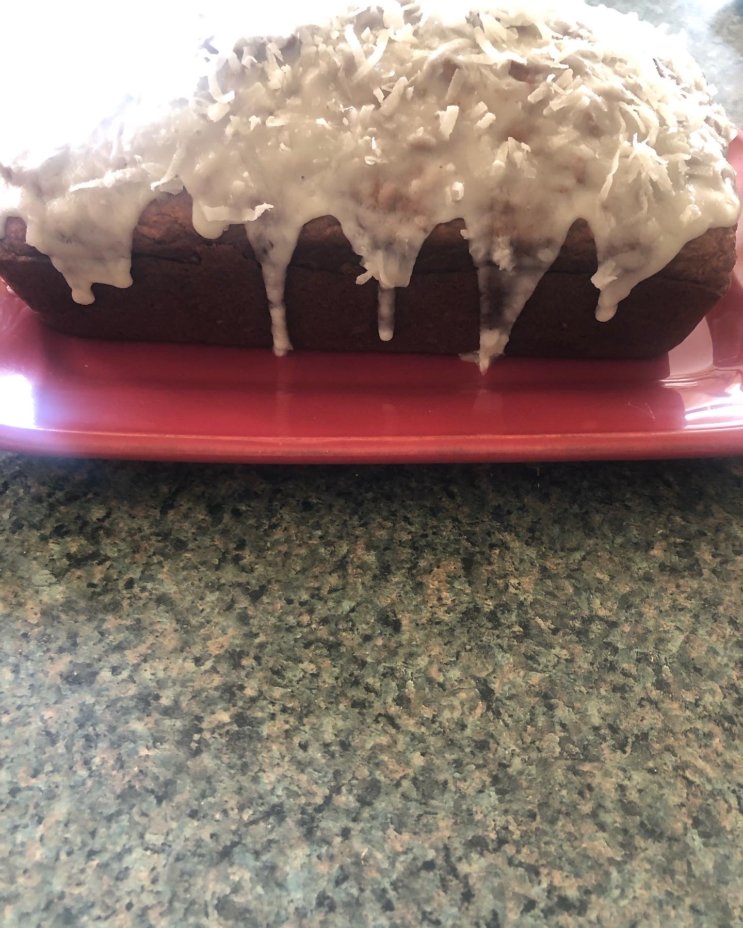 Coconut Pumpkin Bread topped with White Chocolate Ganache