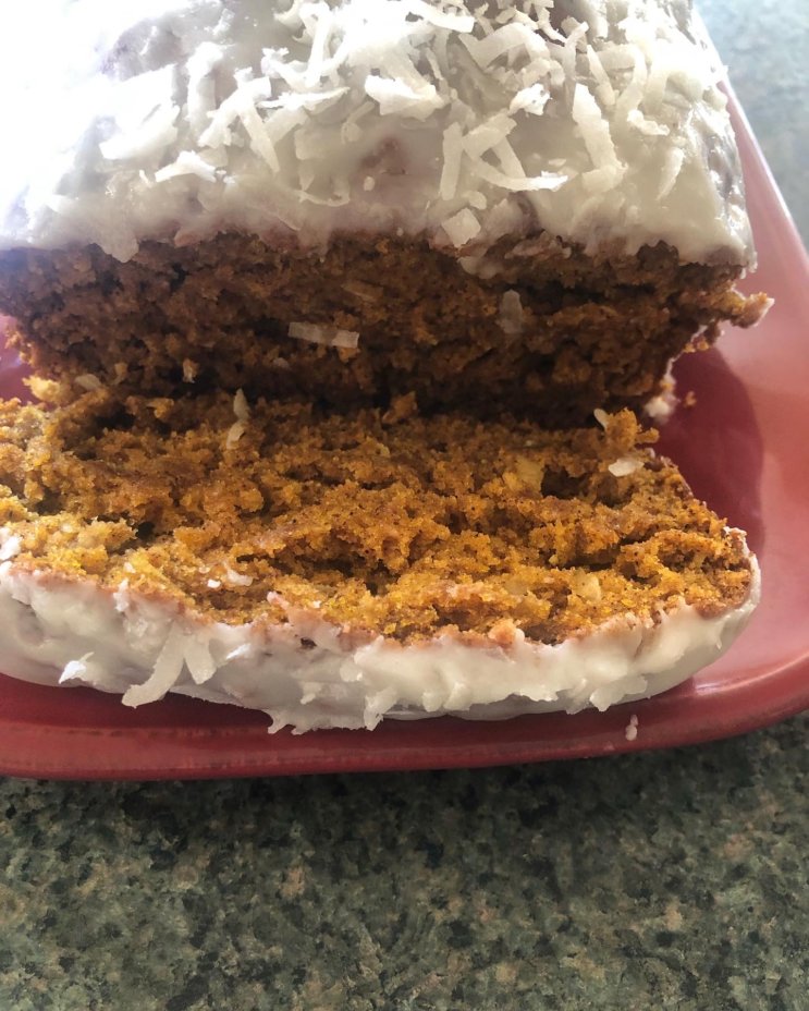 Coconut Pumpkin Bread topped with White Chocolate Ganache