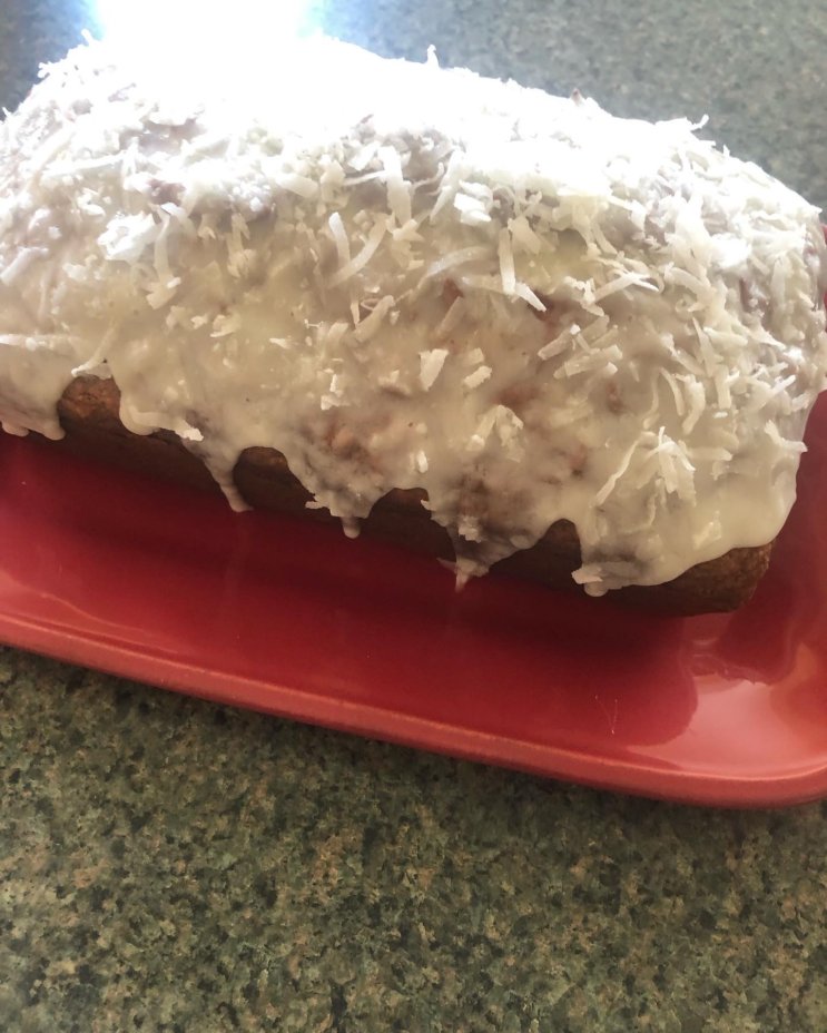 Coconut Pumpkin Bread topped with White Chocolate Ganache