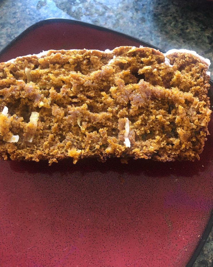 Coconut Pumpkin Bread topped with White Chocolate Ganache