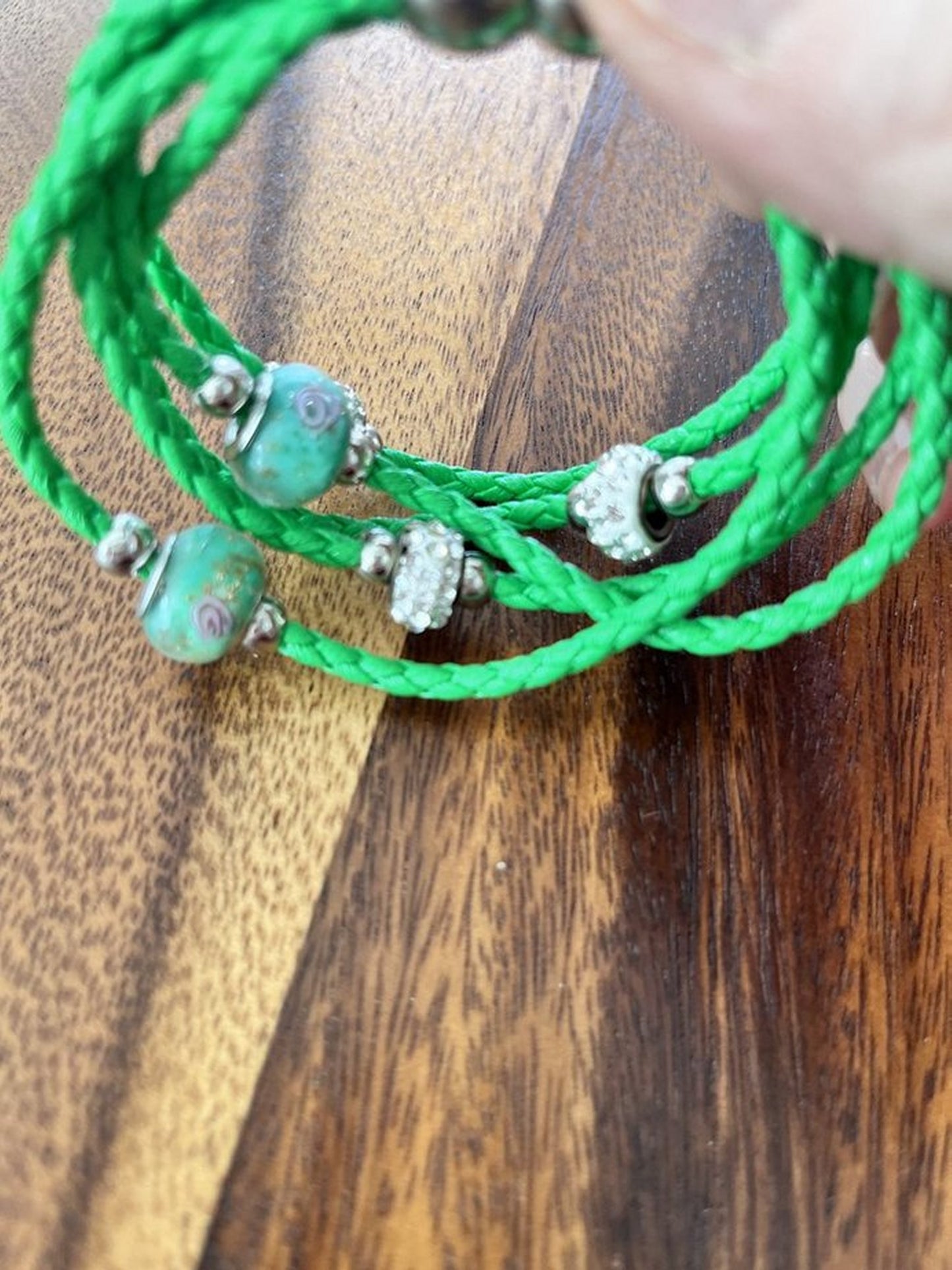 Green Rope Bracelet * 5 strand Rope Bracelet with Murano Glass Beads & Crystal