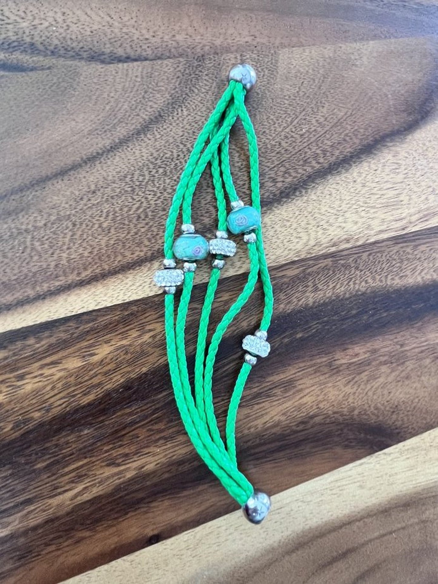 Green Rope Bracelet * 5 strand Rope Bracelet with Murano Glass Beads & Crystal