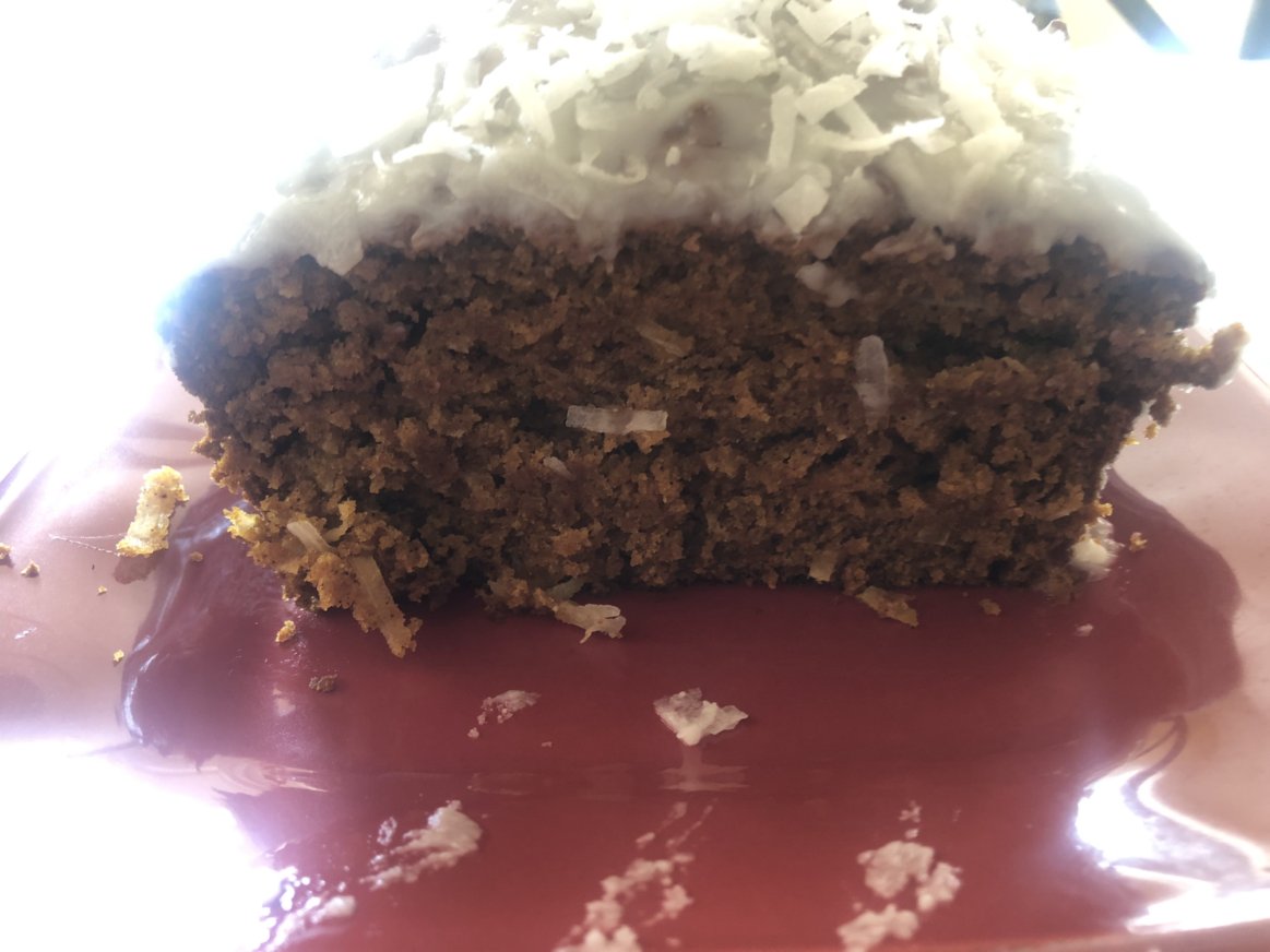 Coconut Pumpkin Bread topped with White Chocolate Ganache