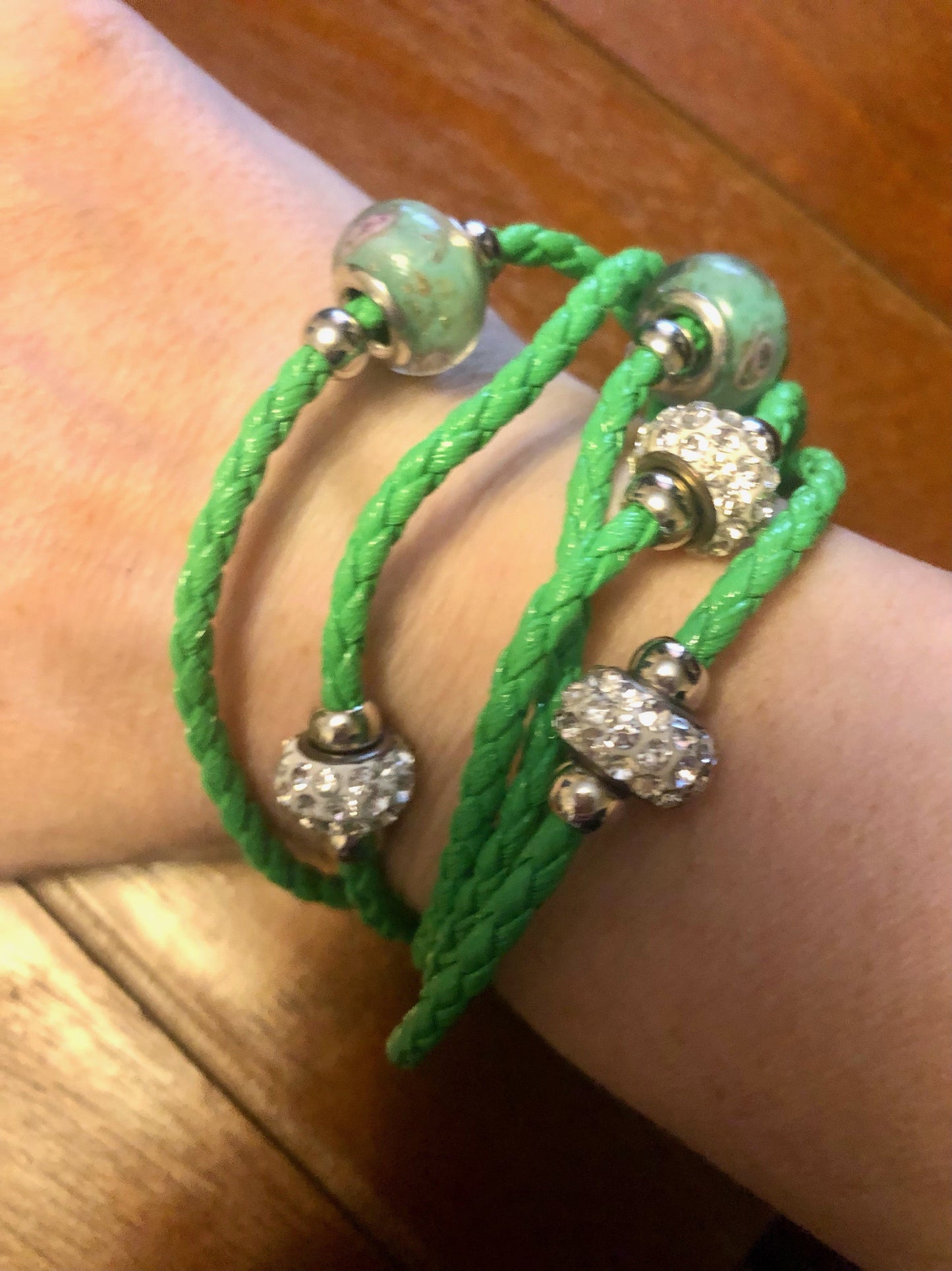 Green Rope Bracelet * 5 strand Rope Bracelet with Murano Glass Beads & Crystal